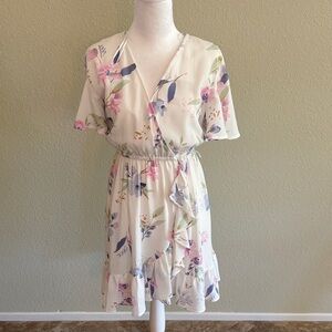 Floral Wrap-Style Cream Sundress with Pink & Blue Accents